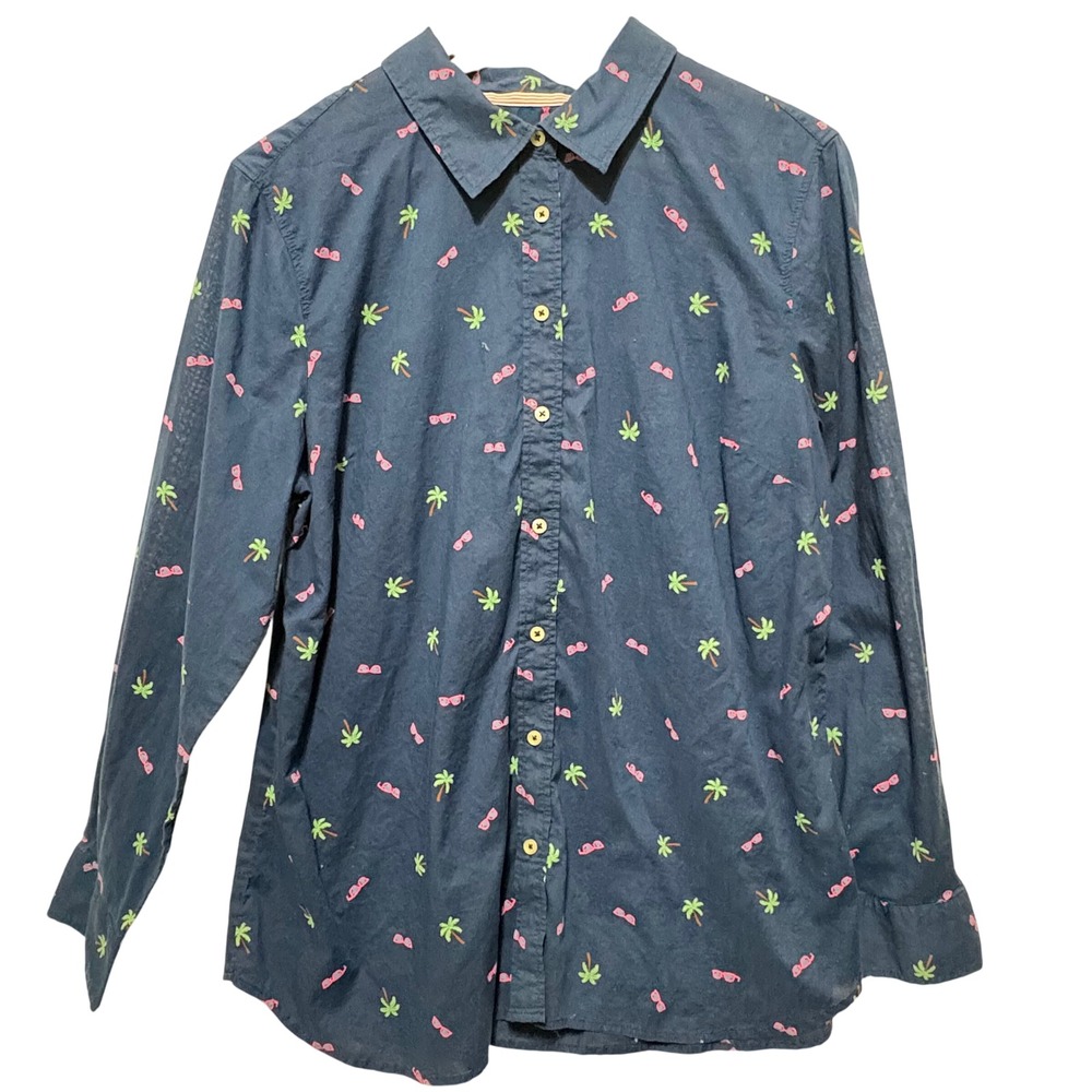 Talbotsโ Women Button Front Top XL Navy Palm Tree Novelty Coastal Resort Preppy